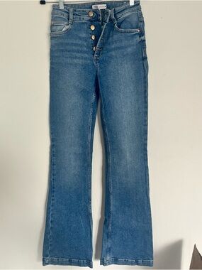 Zara Medium Blue High-Rise Flare Jeans with Button-Fly